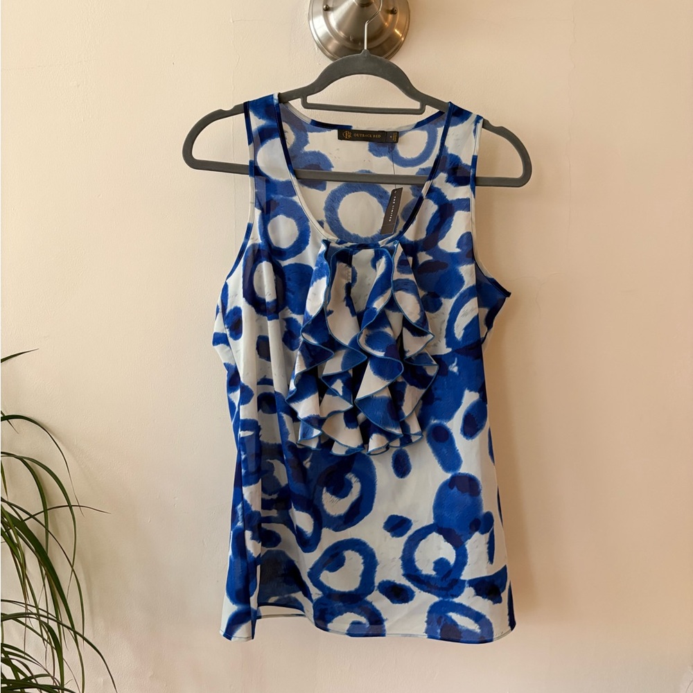 NWT Outback Red Blue and White Patterned Sleeveless Ruffle Blouse Size Medium